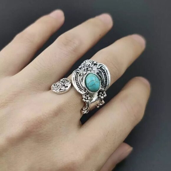 Boho Rose and Flowers with Faux Turquoise Adjustable Spoon Ring #1221 - Picture 16 of 16